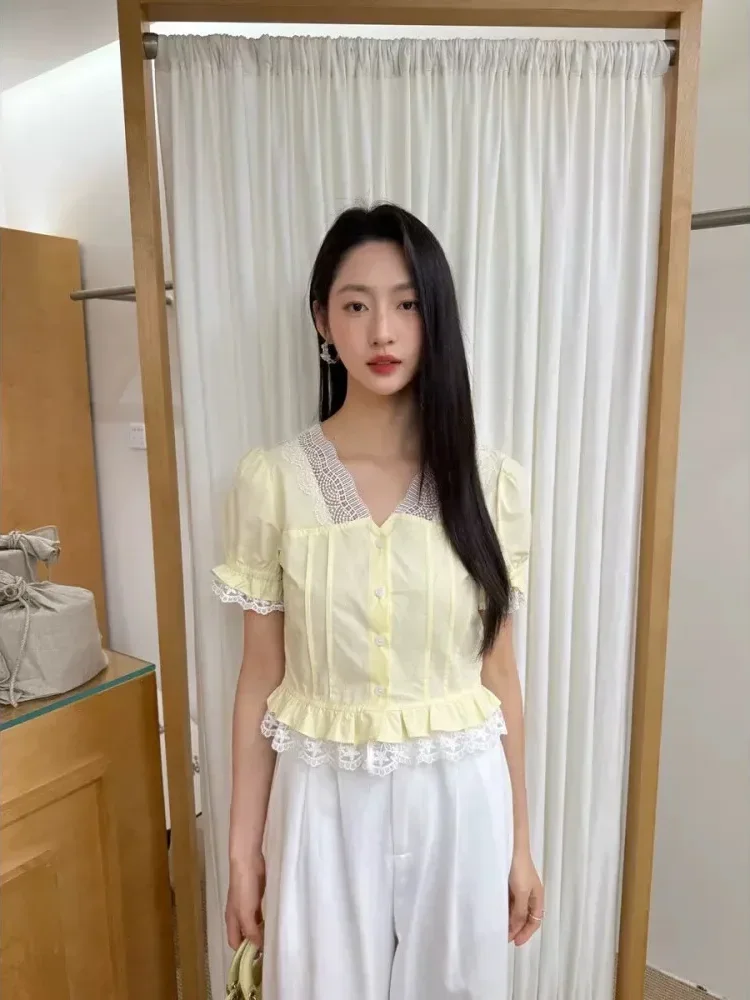 [DISKON KILAT]CHICMORE Kemeja lengan pendek dengan kerah v neck warna solid untuk wanita muda feminine