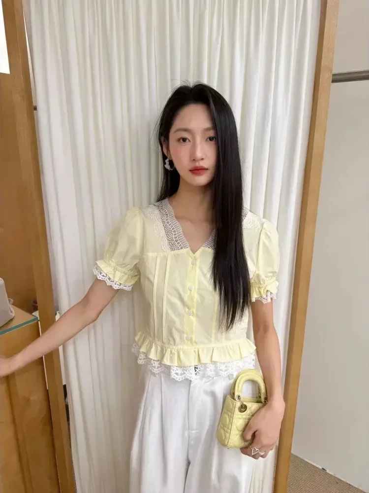 [DISKON KILAT]CHICMORE Kemeja lengan pendek dengan kerah v neck warna solid untuk wanita muda feminine