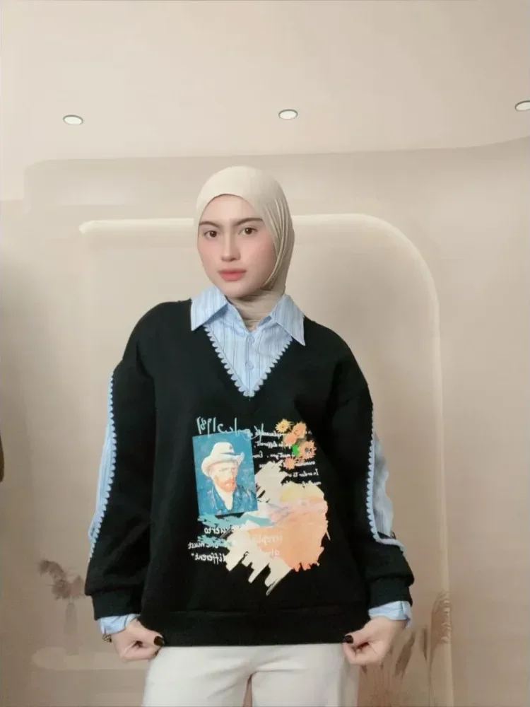 [DISKON KILAT]CHICMORE Atasan kemeja gaya modis dengan motif cetak baru berlengan panjang untuk wanita