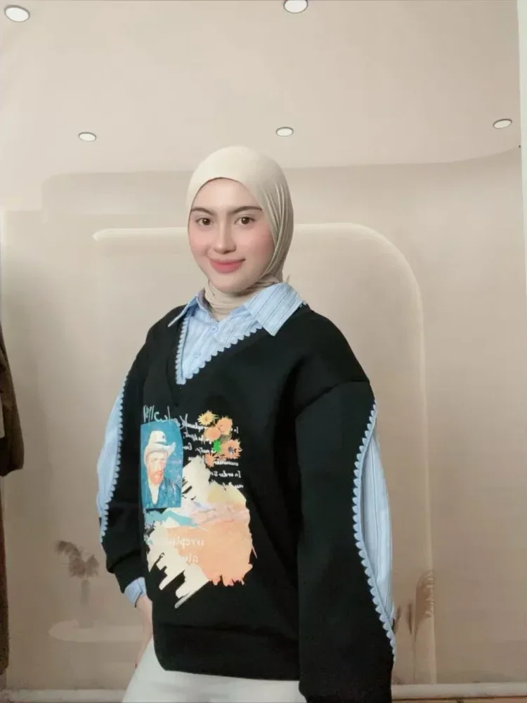 [DISKON KILAT]CHICMORE Atasan kemeja gaya modis dengan motif cetak baru berlengan panjang untuk wanita