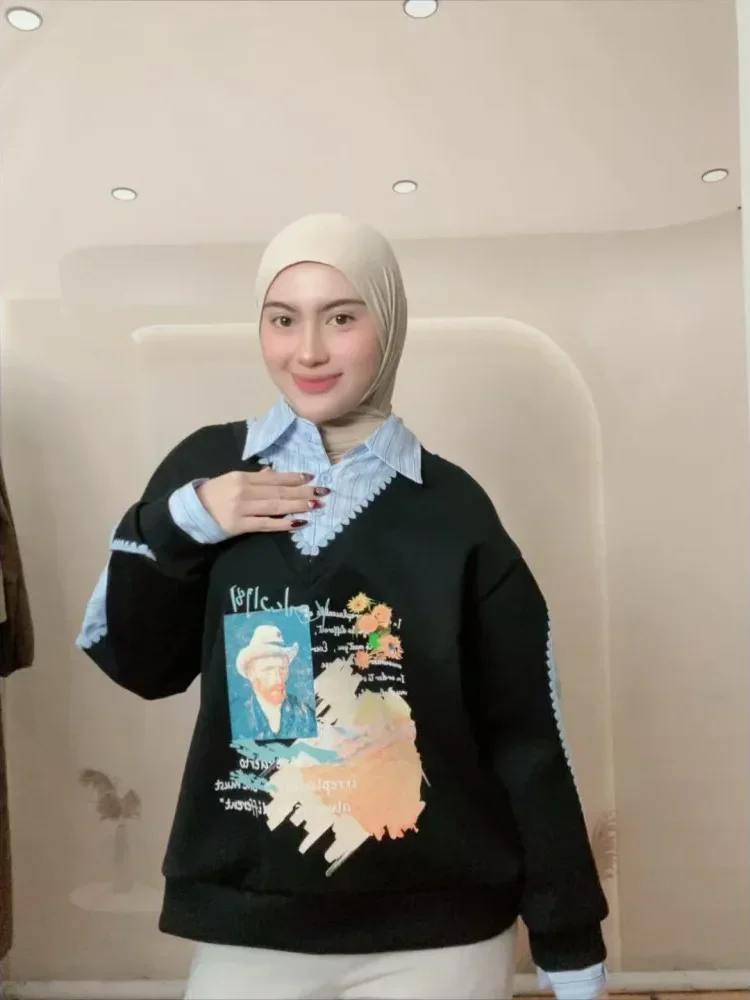 [DISKON KILAT]CHICMORE Atasan kemeja gaya modis dengan motif cetak baru berlengan panjang untuk wanita