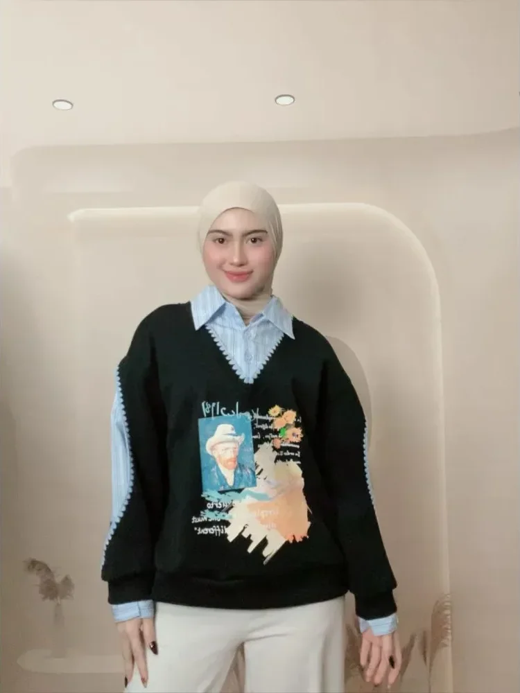 [DISKON KILAT]CHICMORE Atasan kemeja gaya modis dengan motif cetak baru berlengan panjang untuk wanita