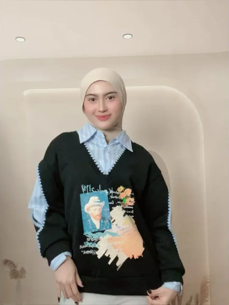 [DISKON KILAT]CHICMORE Atasan kemeja gaya modis dengan motif cetak baru berlengan panjang untuk wanita