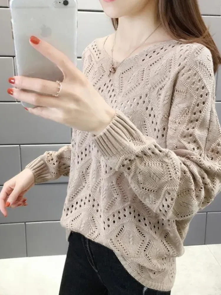 CHICMORE Atasan sweter lengan panjang berongga pullover v-neck untuk wanita