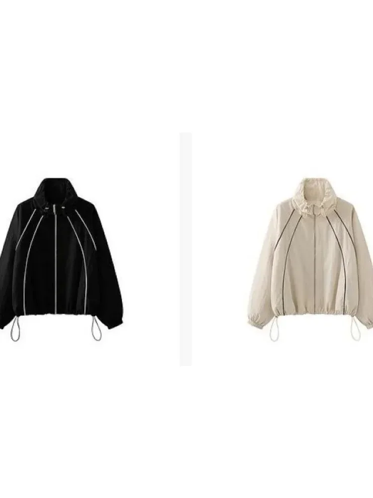 CHICMORE Atasan jaket pendek sporty kasual lengan panjang untuk wanita lembut longgar unik gaya casual elegant