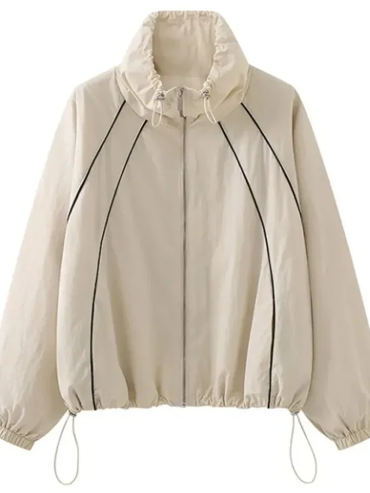 CHICMORE Atasan jaket pendek sporty kasual lengan panjang untuk wanita lembut longgar unik gaya casual elegant
