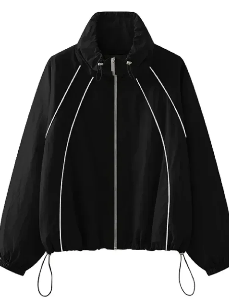 CHICMORE Atasan jaket pendek sporty kasual lengan panjang untuk wanita lembut longgar unik gaya casual elegant