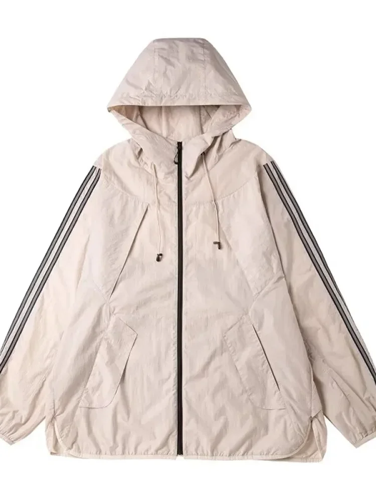 [DISKON KILAT]CHICMORE Atasan jaket pelindung panas sporty bergaris kasual lengan panjang untuk wanita lembut longgar unik gaya casual elegant