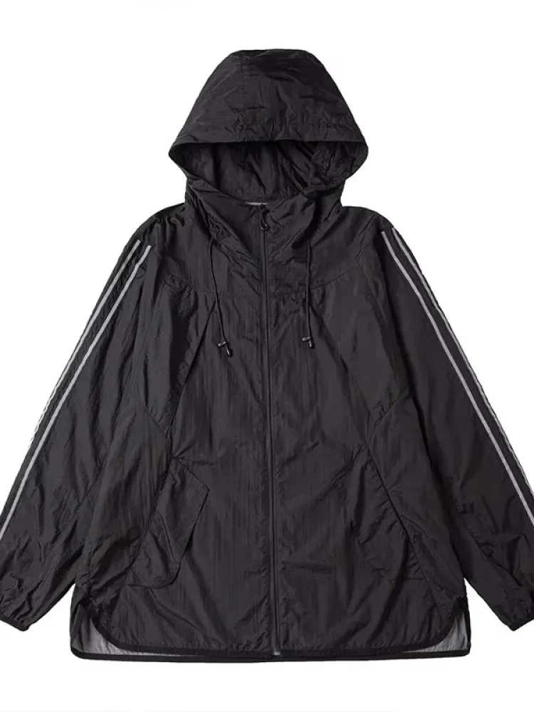 [DISKON KILAT]CHICMORE Atasan jaket pelindung panas sporty bergaris kasual lengan panjang untuk wanita lembut longgar unik gaya casual elegant