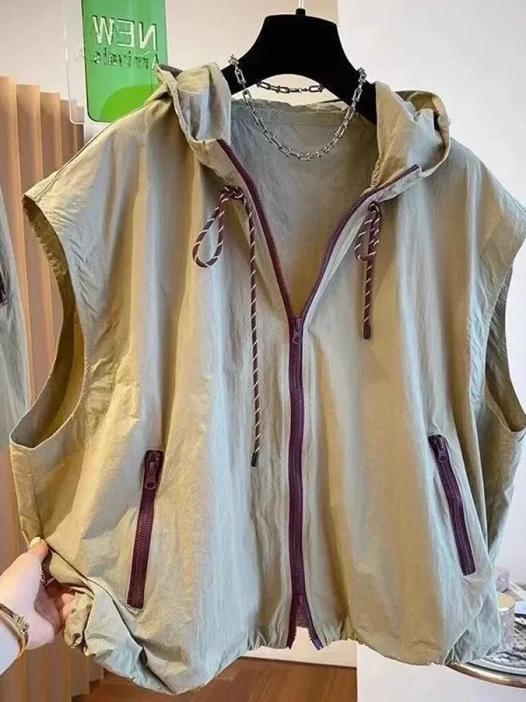 [READY STOCK]CHICMORE Atasan jaket rompi tanpa lengan kerah hooded dengan ritsleting bergaya korea