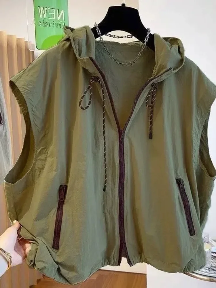 [READY STOCK]CHICMORE Atasan jaket rompi tanpa lengan kerah hooded dengan ritsleting bergaya korea