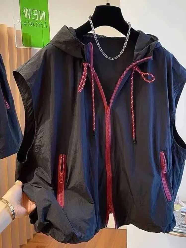 [READY STOCK]CHICMORE Atasan jaket rompi tanpa lengan kerah hooded dengan ritsleting bergaya korea
