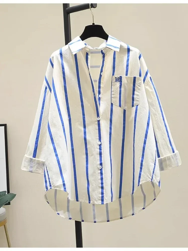 [NEW]CHICMORE Kemeja longgar lengan panjang kerah polo bergaris vertikal untuk wanita