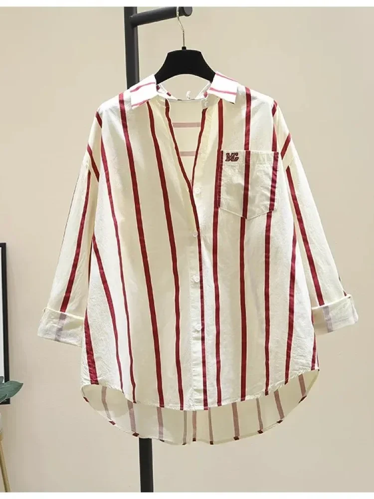 [NEW]CHICMORE Kemeja longgar lengan panjang kerah polo bergaris vertikal untuk wanita