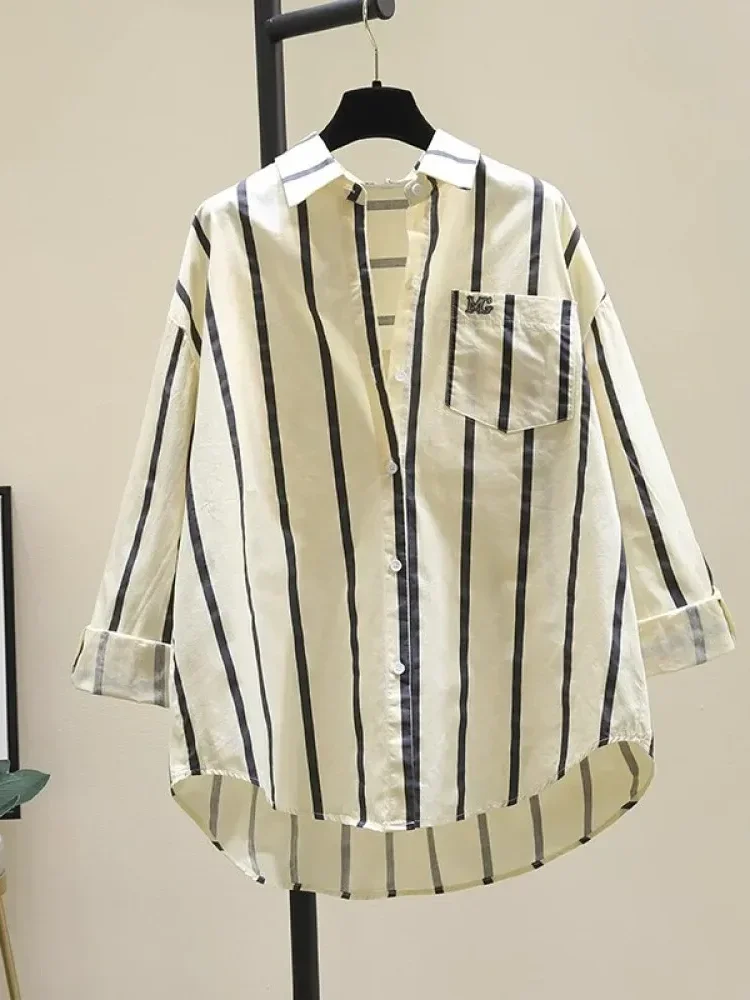 [NEW]CHICMORE Kemeja longgar lengan panjang kerah polo bergaris vertikal untuk wanita