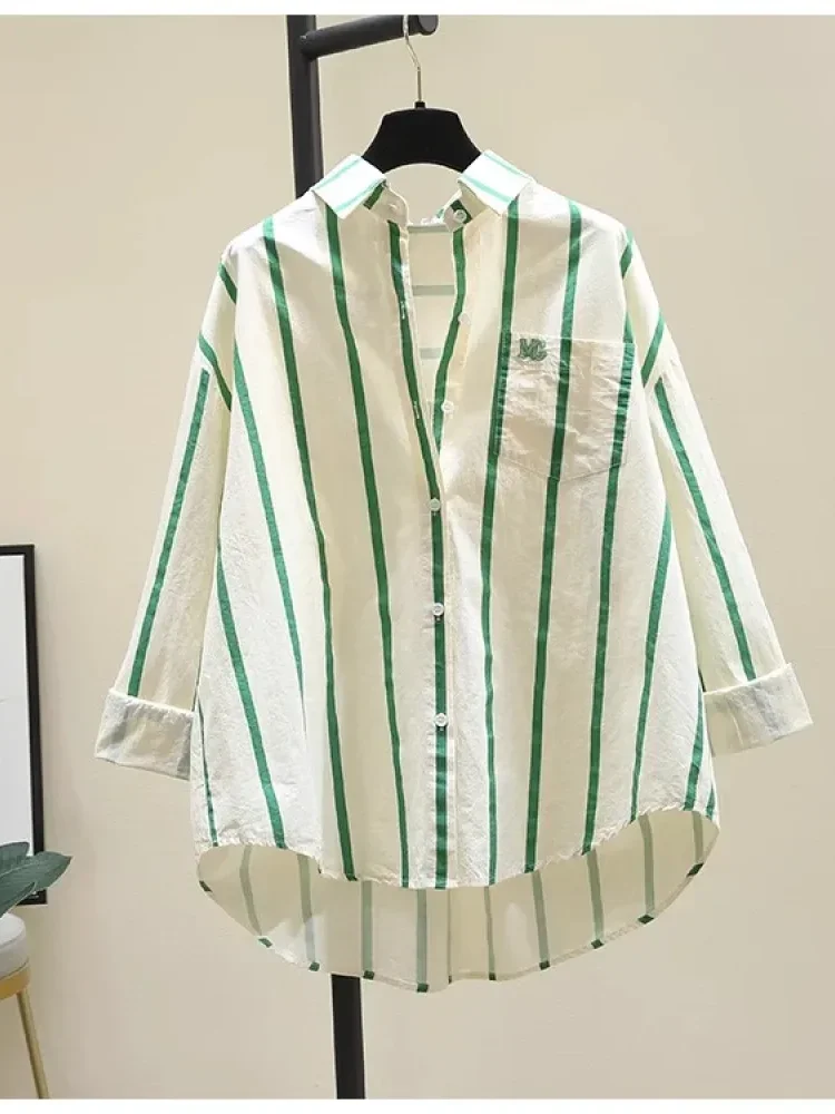 [NEW]CHICMORE Kemeja longgar lengan panjang kerah polo bergaris vertikal untuk wanita