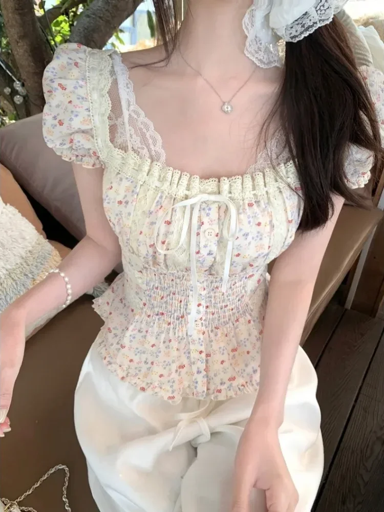 CHICMORE French sweet square neck puff sleeve waist blouse