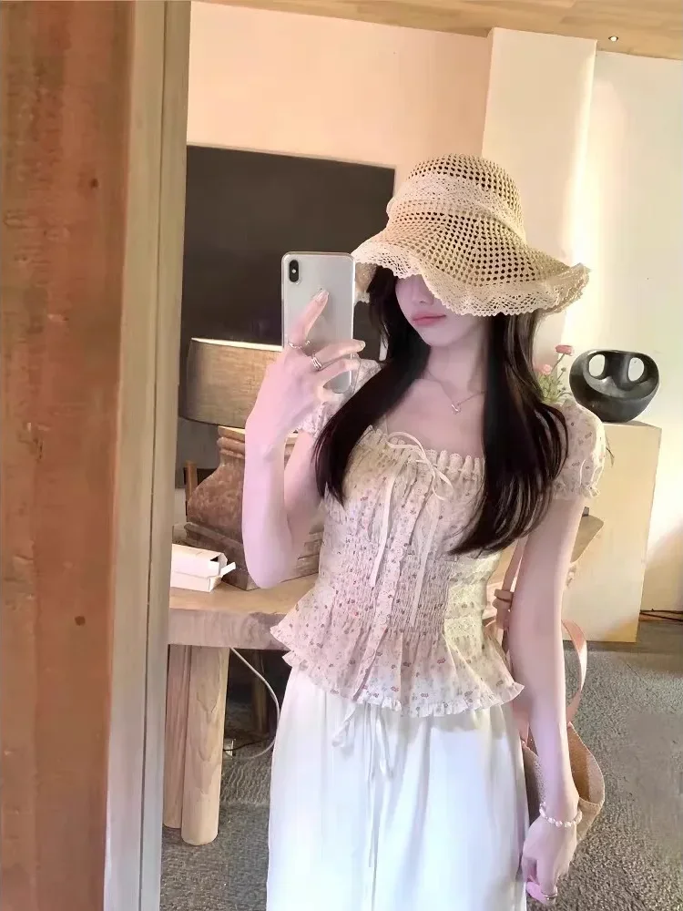 CHICMORE French sweet square neck puff sleeve waist blouse