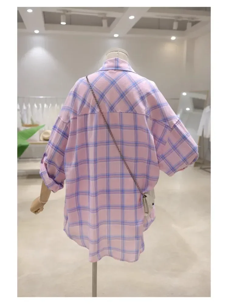 [NEW]CHICMORE Atasan kemeja lengan panjang kotak-kotak longgar dan ramping untuk wanita