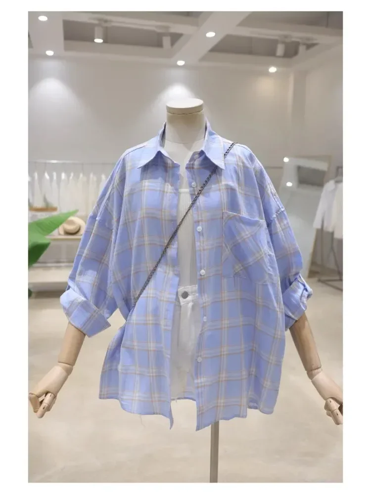 [NEW]CHICMORE Atasan kemeja lengan panjang kotak-kotak longgar dan ramping untuk wanita