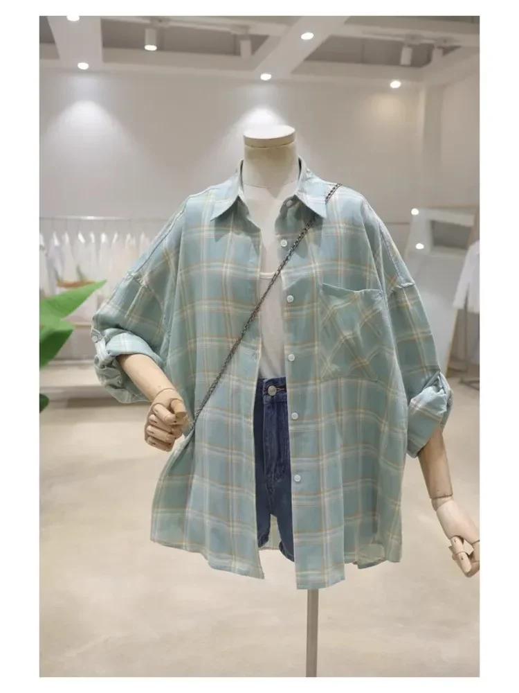 [NEW]CHICMORE Atasan kemeja lengan panjang kotak-kotak longgar dan ramping untuk wanita