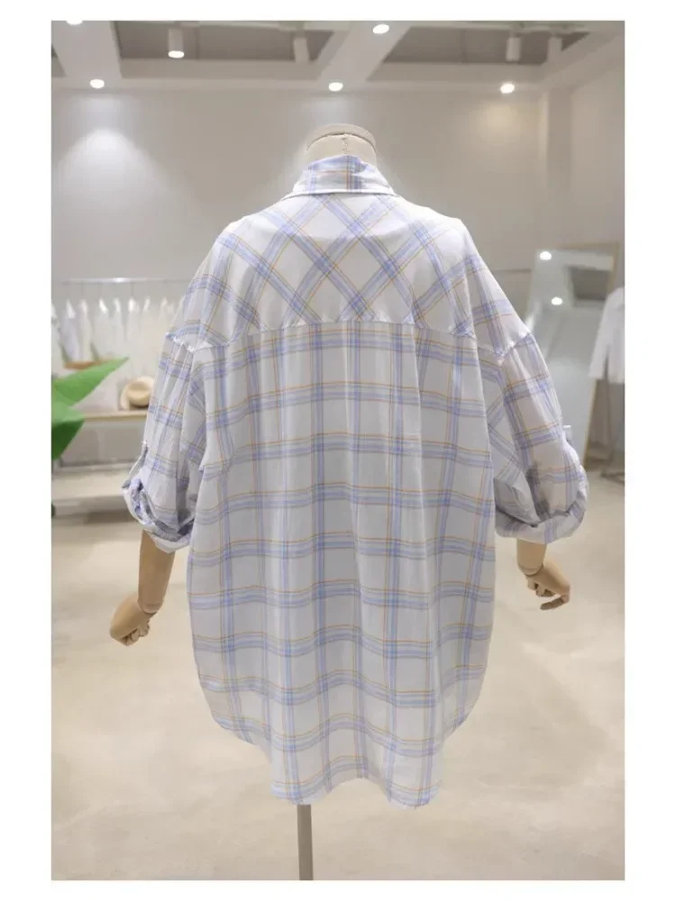 [NEW]CHICMORE Atasan kemeja lengan panjang kotak-kotak longgar dan ramping untuk wanita