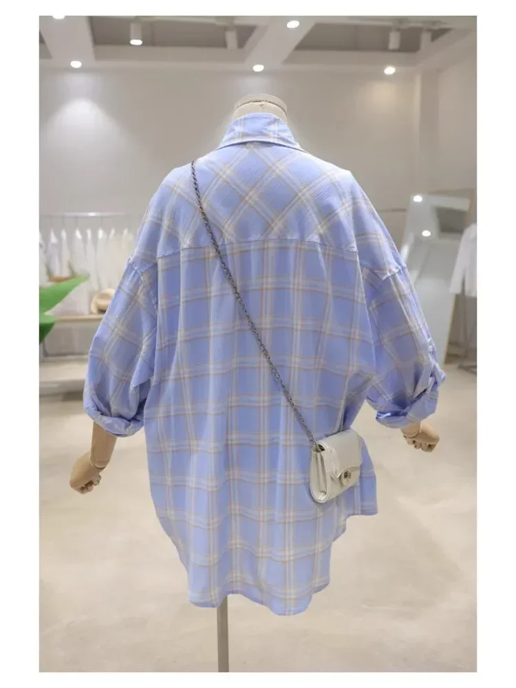 [NEW]CHICMORE Atasan kemeja lengan panjang kotak-kotak longgar dan ramping untuk wanita