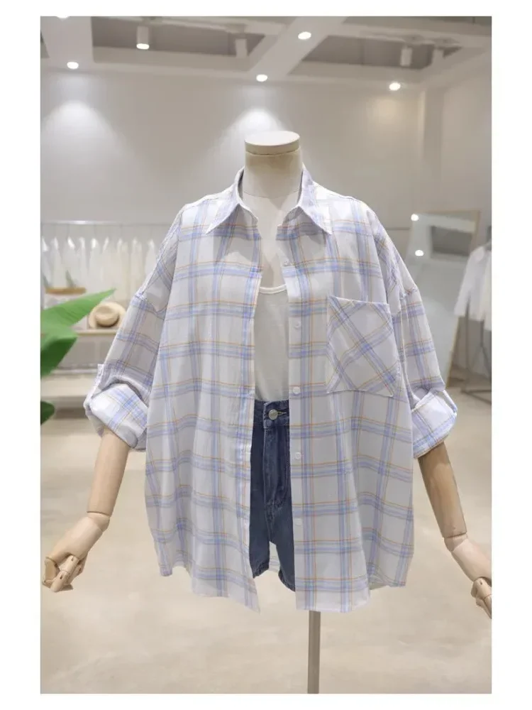 [NEW]CHICMORE Atasan kemeja lengan panjang kotak-kotak longgar dan ramping untuk wanita