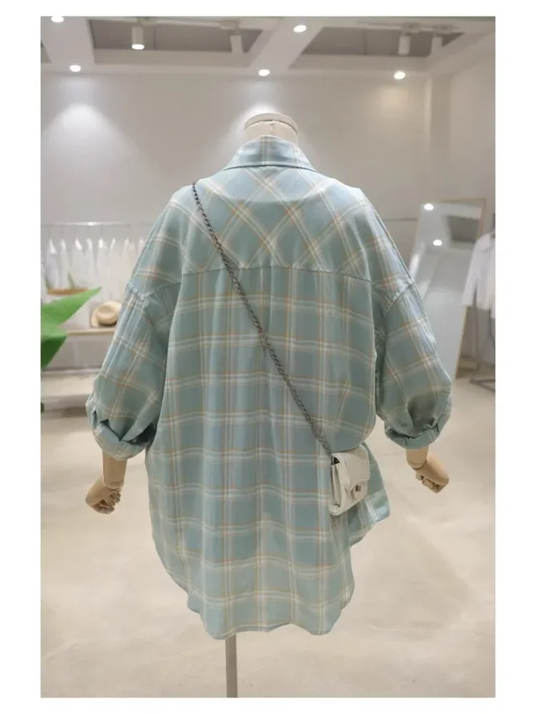 [NEW]CHICMORE Atasan kemeja lengan panjang kotak-kotak longgar dan ramping untuk wanita