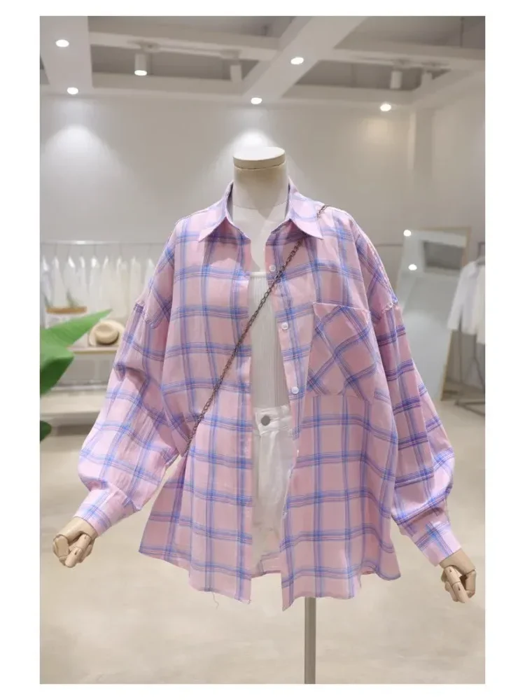 [NEW]CHICMORE Atasan kemeja lengan panjang kotak-kotak longgar dan ramping untuk wanita