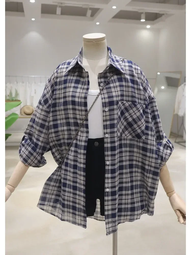 [NEW]CHICMORE Atasan kemeja lengan panjang kotak-kotak longgar dan ramping untuk wanita