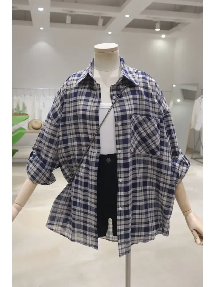 [NEW]CHICMORE Atasan kemeja lengan panjang kotak-kotak longgar dan ramping untuk wanita