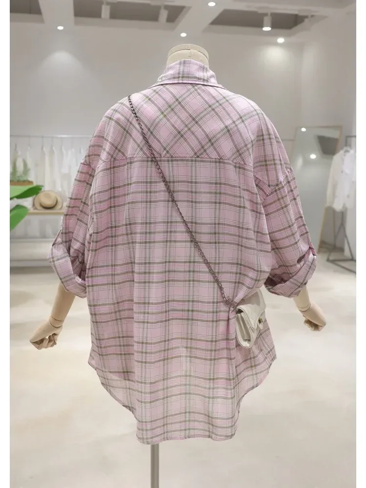 [NEW]CHICMORE Atasan kemeja lengan panjang kotak-kotak longgar dan ramping untuk wanita