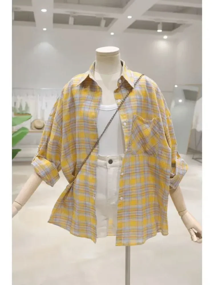 [NEW]CHICMORE Atasan kemeja lengan panjang kotak-kotak longgar dan ramping untuk wanita