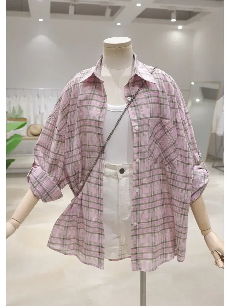 [NEW]CHICMORE Atasan kemeja lengan panjang kotak-kotak longgar dan ramping untuk wanita