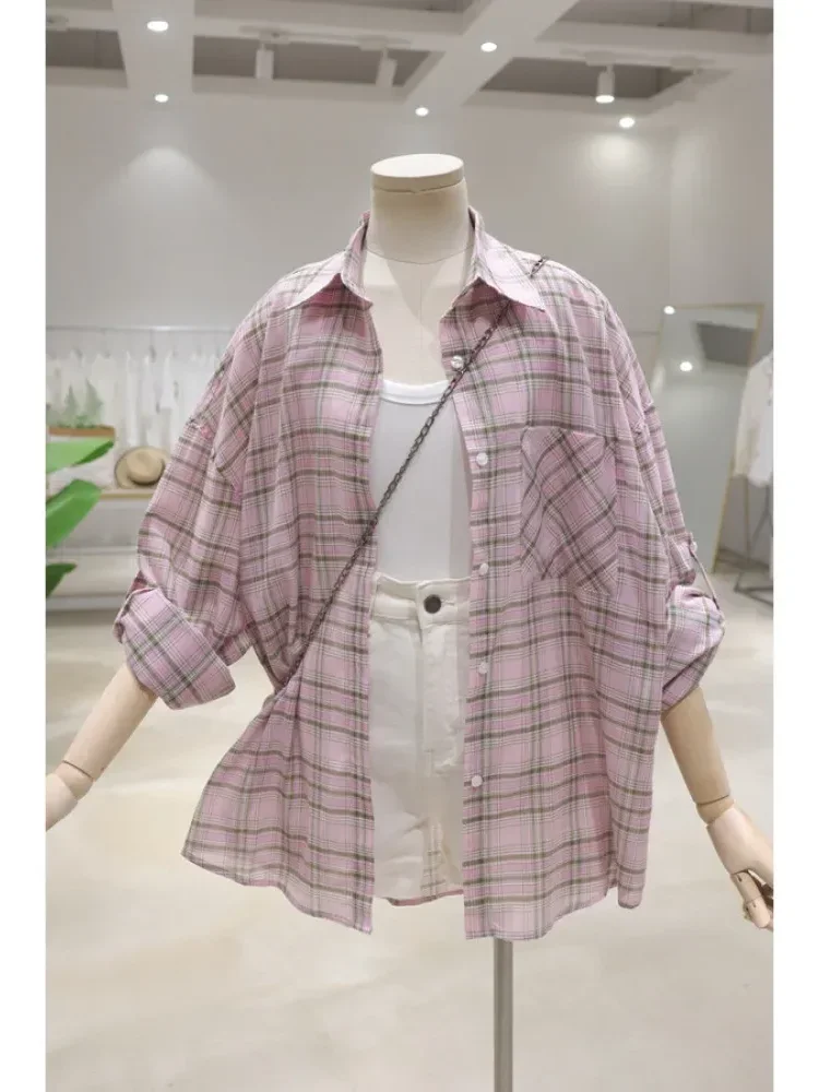 [NEW]CHICMORE Atasan kemeja lengan panjang kotak-kotak longgar dan ramping untuk wanita