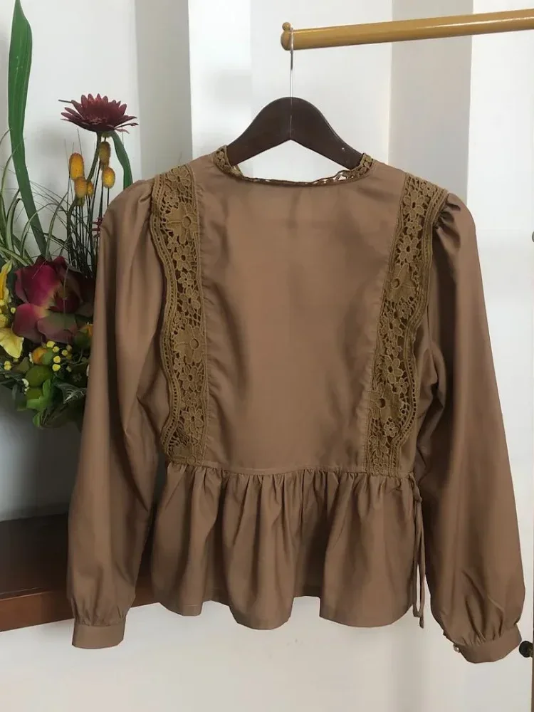 CHICMORE Atasan kemeja longgar warna hijau cantik kancing sebaris lengan panjang untuk wanita gaya retro