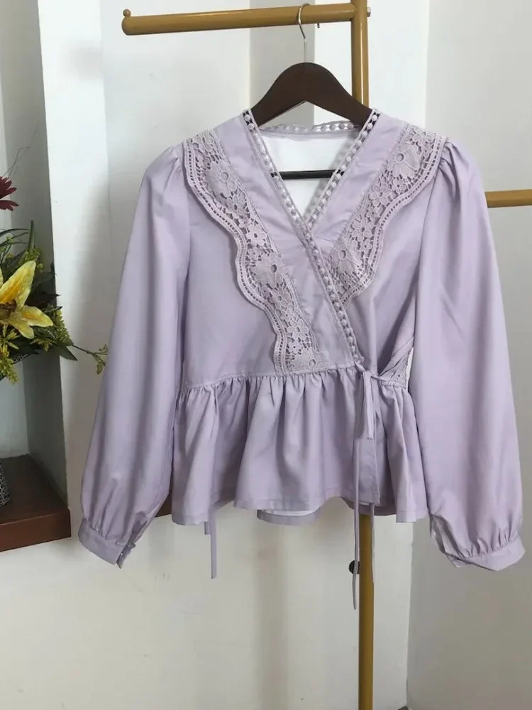 CHICMORE Atasan kemeja longgar warna hijau cantik kancing sebaris lengan panjang untuk wanita gaya retro