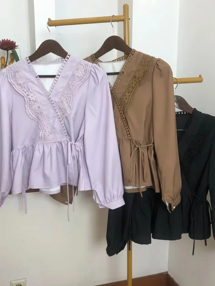 CHICMORE Atasan kemeja longgar warna hijau cantik kancing sebaris lengan panjang untuk wanita gaya retro