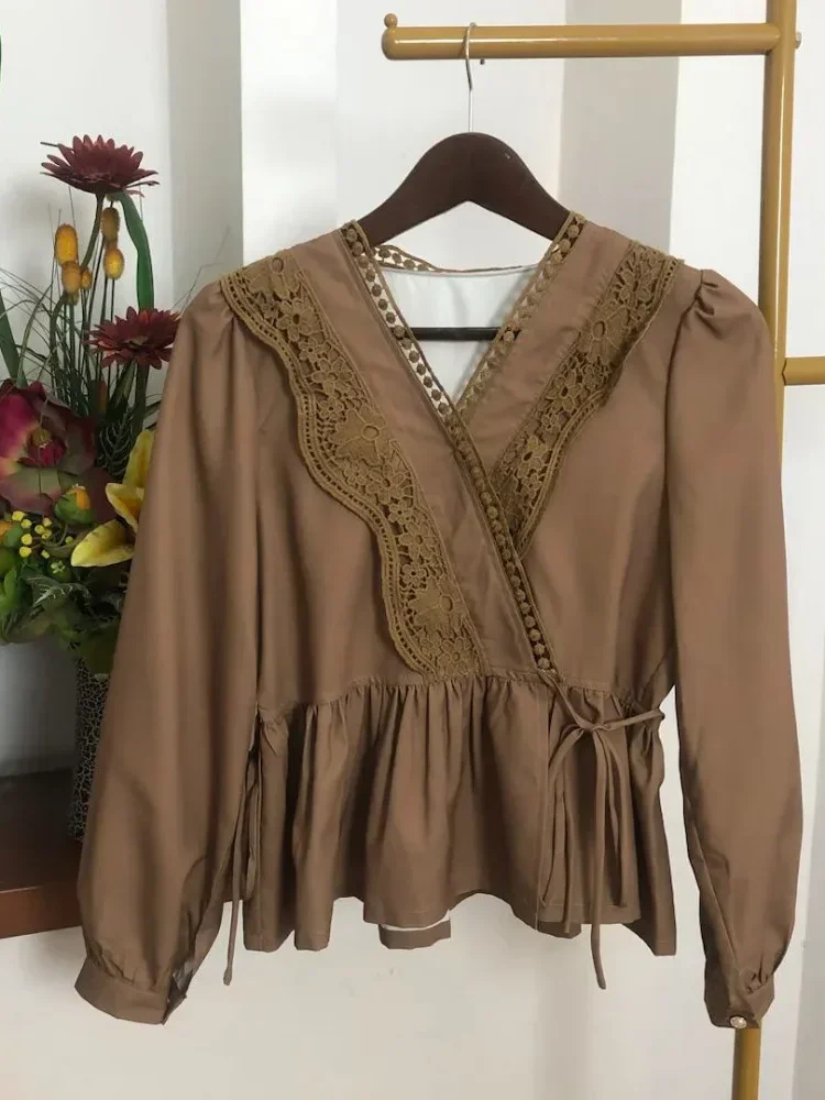 CHICMORE Atasan kemeja longgar warna hijau cantik kancing sebaris lengan panjang untuk wanita gaya retro