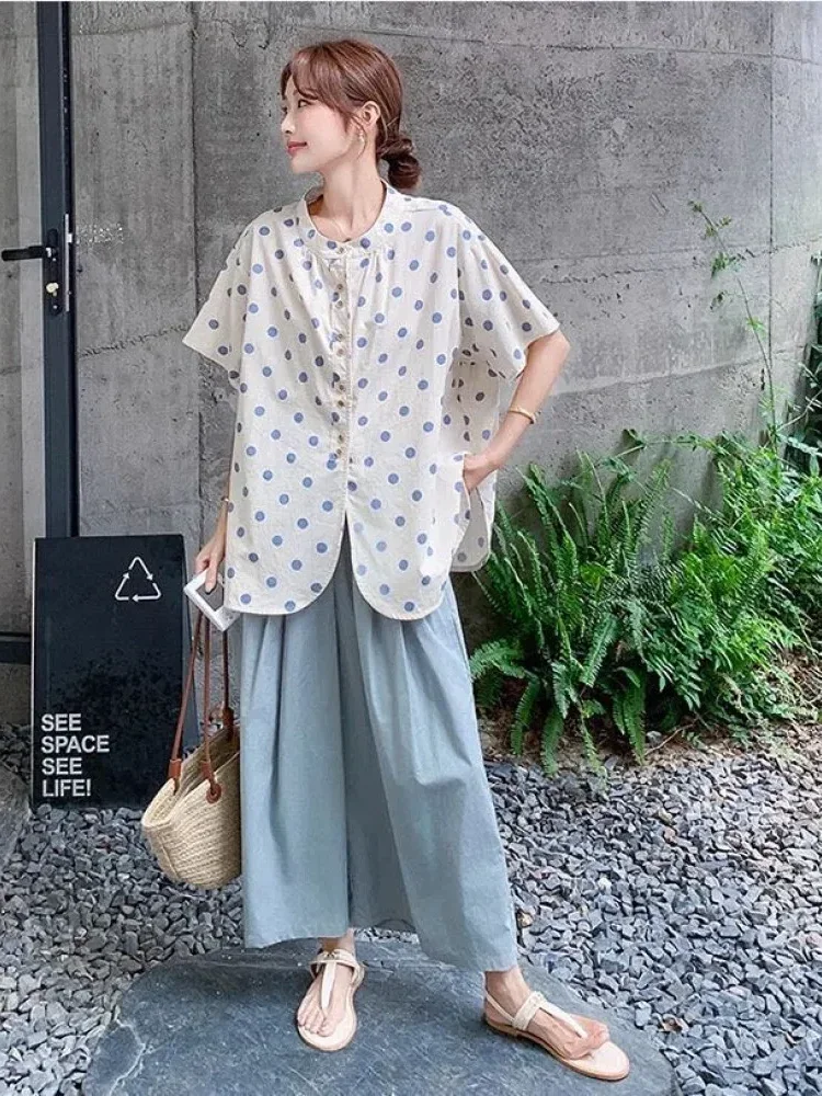 [DISKON KILAT]CHICMORE Setelan dengan kemeja motif polkadot lengan pendek dan celana polos kaki lebar