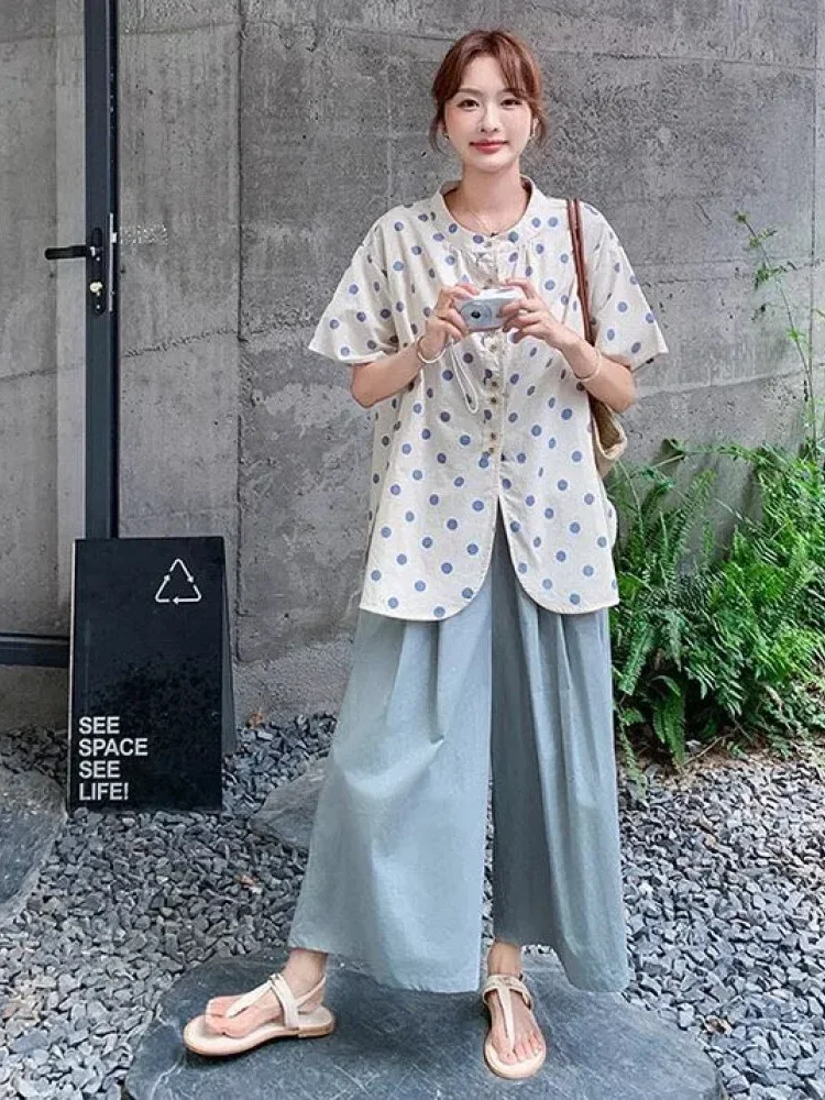[DISKON KILAT]CHICMORE Setelan dengan kemeja motif polkadot lengan pendek dan celana polos kaki lebar