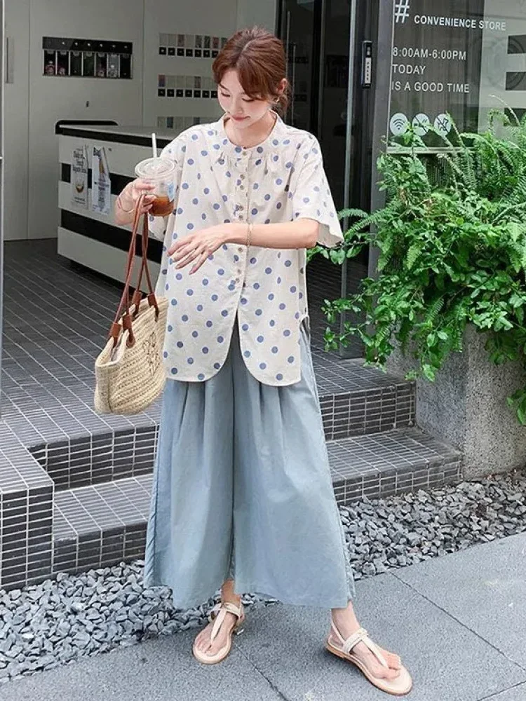 [DISKON KILAT]CHICMORE Setelan dengan kemeja motif polkadot lengan pendek dan celana polos kaki lebar