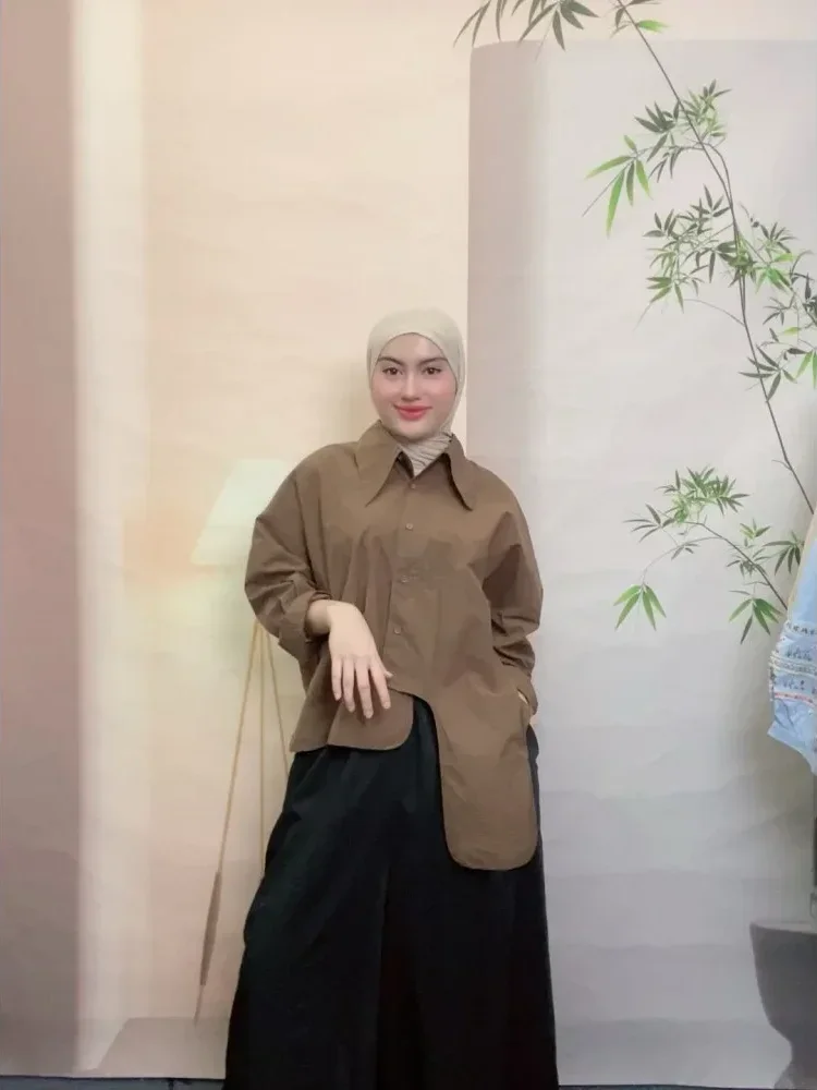 CHICMORE （hanya atasan tidak termasuk celana）atasan kemeja gaya kekinian dengan kancing sebaris dan lengan panjang