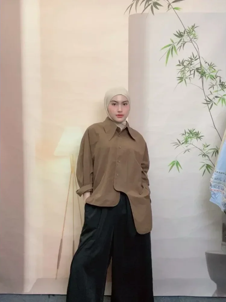 CHICMORE （hanya atasan tidak termasuk celana）atasan kemeja gaya kekinian dengan kancing sebaris dan lengan panjang