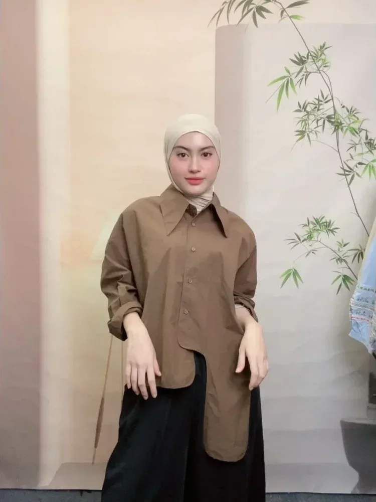 CHICMORE （hanya atasan tidak termasuk celana）atasan kemeja gaya kekinian dengan kancing sebaris dan lengan panjang