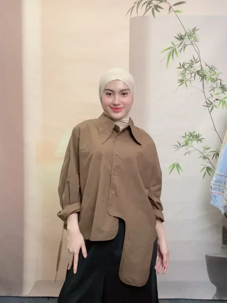 CHICMORE （hanya atasan tidak termasuk celana）atasan kemeja gaya kekinian dengan kancing sebaris dan lengan panjang