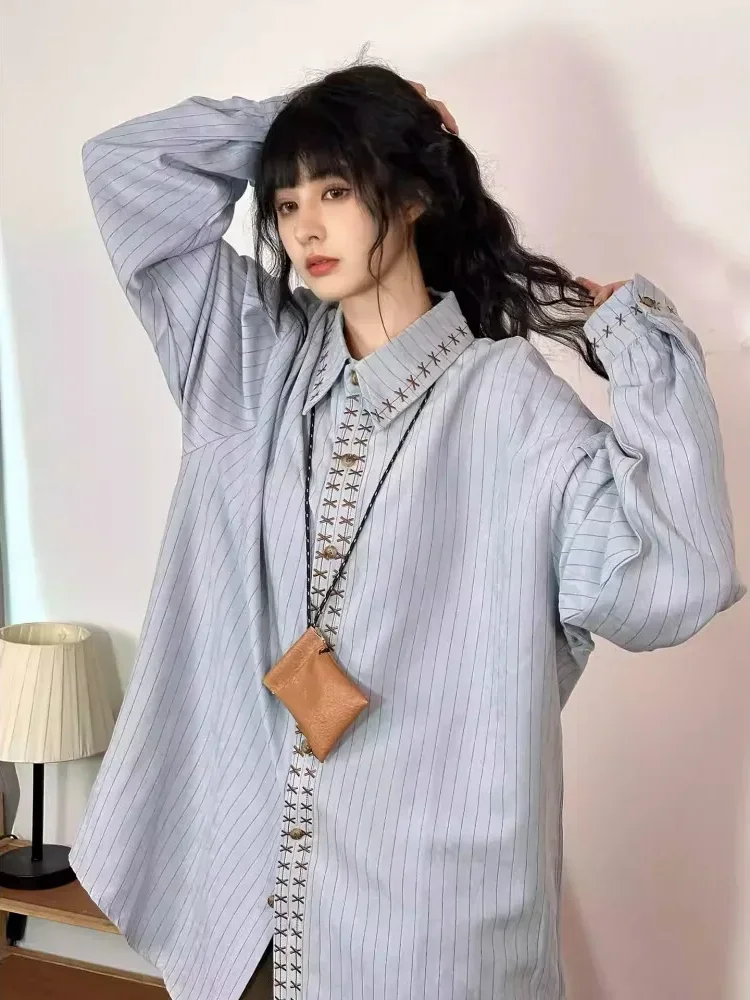 [DISKON KILAT]CHICMORE Kemeja lengan panjang bergaris bergaris gaya preppy vintage asli