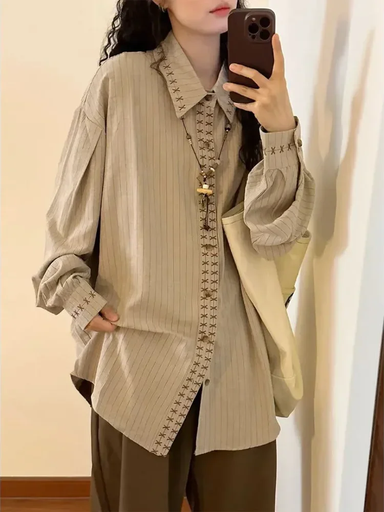 [DISKON KILAT]CHICMORE Kemeja lengan panjang bergaris bergaris gaya preppy vintage asli