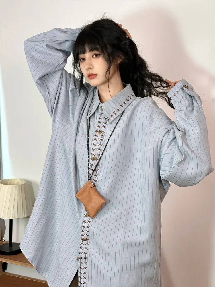 [DISKON KILAT]CHICMORE Kemeja lengan panjang bergaris bergaris gaya preppy vintage asli